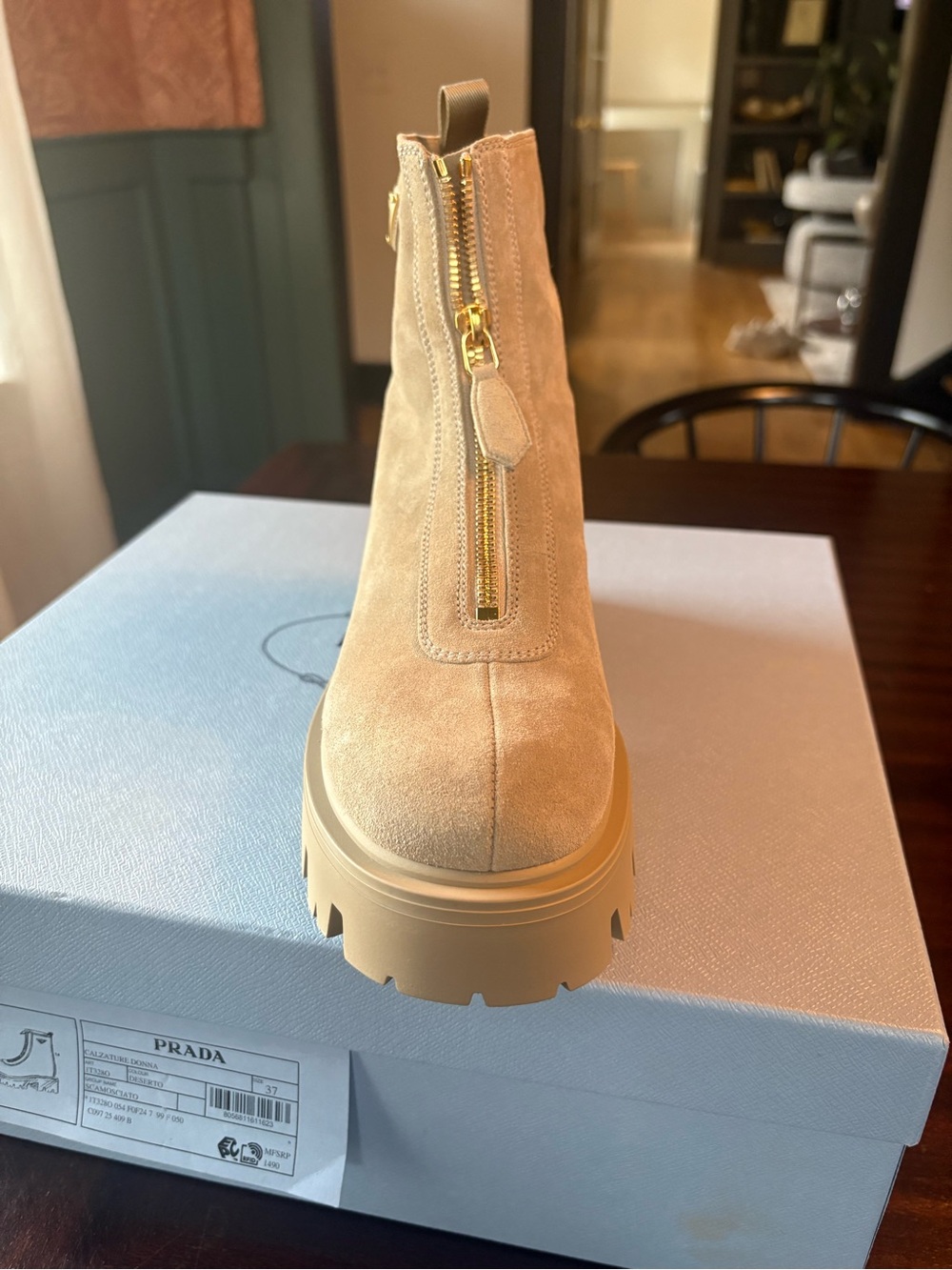 Prada Beige Suede Lug-Sole Ankle Boots - Picture 3 of 4